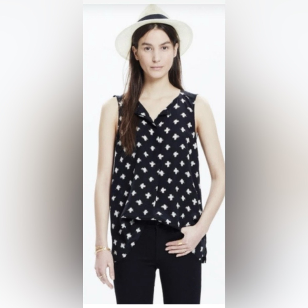 Madewell Black w Beige Crosses Silk Sleeveless Blouse in Women’s Size XS NWOT